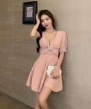 3色 SML レース 肌見せ 大人 かわいい 秋 袖付き キュート ミニドレス　MY2114-YM8616