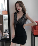 ピカピカ ディープⅤネック セクシー魅了 肌見せ キャバドレス ミニドレス MY2146