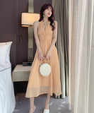 ホルターネック ドット柄 エレガント ロングドレス 着瘦せ 同伴 XH2-JY3967