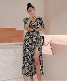 花柄 ロングドレス Ⅴネック ハイウエスト 谷間魅せ スリットXH2-ZED883392A71