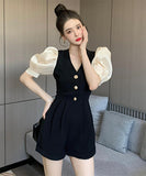 オールインワン 可愛い パフスリーブ 高級感 着瘦せ Ⅴネック XH2-ZED889471GT347