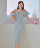 オフショルダー 膝丈ドレス エレガント 気質 同伴 おしゃれ セクシー XH2-ZED888012-1A71