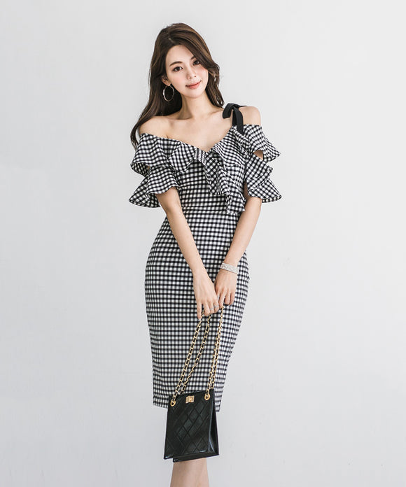 新作 チェック柄 フリル ノーショルダー セクシー ゴージャス 高見え パーティードレス ミニドレス LQE9091BM131