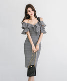 新作 チェック柄 フリル ノーショルダー セクシー ゴージャス 高見え パーティードレス ミニドレス LQE9091BM131