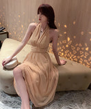 ホルターネック ドット柄 エレガント ロングドレス 着瘦せ 同伴 XH2-JY3967