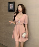 3色 SML レース 肌見せ 大人 かわいい 秋 袖付き キュート ミニドレス　MY2114-YM8616