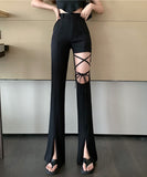 大人気 美脚 特別デザイン セクシー ワイドパンツ レディス パンツ ブラック MY2006