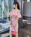 ミニドレス パーティードレス かわいい フリル オフショルダー 披露宴 結婚式 宴会 MY2-JY9343