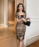 水玉 チュール タイトドレス リボン 気質 可愛い 着瘦せXH2-JY9293