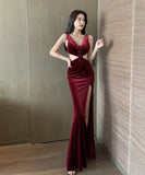 ロングドレス ベルベット 高見 脚長効果 着痩せ ゴージャス MY2-YM9092