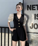 オールインワン 可愛い パフスリーブ 高級感 着瘦せ Ⅴネック XH2-ZED889471GT347