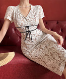 膝丈ドレス エレガント レース 高級感 Ⅴネック セクシー 華奢感 宴会 XH2-LQE5132H418