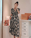 花柄 ロングドレス Ⅴネック ハイウエスト 谷間魅せ スリットXH2-ZED883392A71