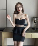 2色ブラック・ホワイト フリル 体型カバー 着瘦せ ミニドレス キャバドレス オフショルダーYN2227-YM8577