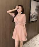 3色 SML レース 肌見せ 大人 かわいい 秋 袖付き キュート ミニドレス　MY2114-YM8616