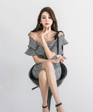 新作 チェック柄 フリル ノーショルダー セクシー ゴージャス 高見え パーティードレス ミニドレス LQE9091BM131