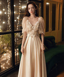 Vネック レース 刺繡 宴会 新年会 ピカピカ パーティードレス ロングドレス YN2074