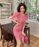 ピンク レース ゴージャス かわいい ミニドレス パーティードレス 高品質 MY2-JY10063