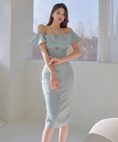 オフショルダー 膝丈ドレス エレガント 気質 同伴 おしゃれ セクシー XH2-ZED888012-1A71