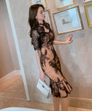 2色 膝丈ドレス 刺繡 レース セクシー 着瘦せ レトロ調 透かし彫り XH2-JY4931