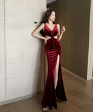 ロングドレス ベルベット 高見 脚長効果 着痩せ ゴージャス MY2-YM9092