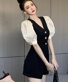 オールインワン 可愛い パフスリーブ 高級感 着瘦せ Ⅴネック XH2-ZED889471GT347