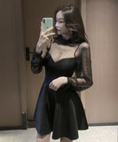 レース 長袖 肌見せ セクシー 水玉柄 Aライン キャバドレス ミニドレス MY2-YM8542