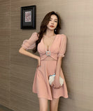 3色 SML レース 肌見せ 大人 かわいい 秋 袖付き キュート ミニドレス　MY2114-YM8616