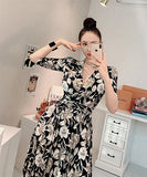 花柄 ロングドレス Ⅴネック ハイウエスト 谷間魅せ スリットXH2-ZED883392A71