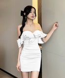 【4色】ミニドレス キャバドレス セクシー オフショルダー フリル XH2-YM8727