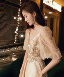 Vネック レース 刺繡 宴会 新年会 ピカピカ パーティードレス ロングドレス YN2074