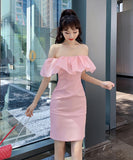 ミニドレス パーティードレス かわいい フリル オフショルダー 披露宴 結婚式 宴会 MY2-JY9343