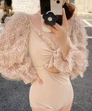 水着 モノキニ タンキニ 清楚感 レース フリル 肌見せ 袖付き MY7-BY2666