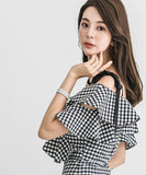 新作 チェック柄 フリル ノーショルダー セクシー ゴージャス 高見え パーティードレス ミニドレス LQE9091BM131