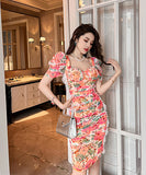 タイトミニドレス プリーツ 花柄 セクシー おしゃれ 宴会 XH2-JY10140