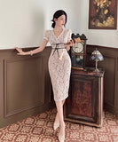 膝丈ドレス エレガント レース 高級感 Ⅴネック セクシー 華奢感 宴会 XH2-LQE5132H418