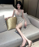 キラキラ キャバドレス 宴会 Ⅴネック セクシー 谷間魅せ スリット 指名 XH2-LQE3987BF13