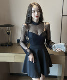 レース 長袖 肌見せ セクシー 水玉柄 Aライン キャバドレス ミニドレス MY2-YM8542