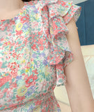 花柄 ロングドレス フリル 淑やか 着瘦せ 大人可愛いXH2-JY4086