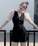 オールインワン 可愛い パフスリーブ 高級感 着瘦せ Ⅴネック XH2-ZED889471GT347