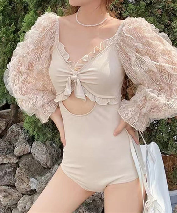 水着 モノキニ タンキニ 清楚感 レース フリル 肌見せ 袖付き MY7-BY2666