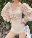 水着 モノキニ タンキニ 清楚感 レース フリル 肌見せ 袖付き MY7-BY2666