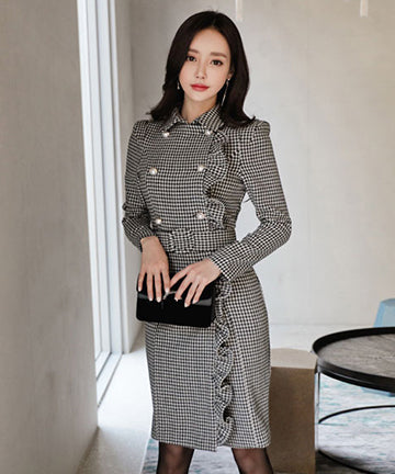 千鳥格子 冬コーデ 通勤 大人可愛い Ⅴネック セクシー エレガント 気質 XH2-ZED88752E