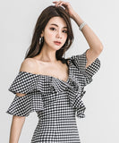 新作 チェック柄 フリル ノーショルダー セクシー ゴージャス 高見え パーティードレス ミニドレス LQE9091BM131