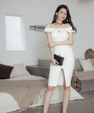 Vネック 谷間魅せ オフショルダー セクシー 韓国 ファッション 新作 脚長効果 MY2-ZED888381BH538