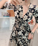 花柄 ロングドレス Ⅴネック ハイウエスト 谷間魅せ スリットXH2-ZED883392A71