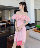 ミニドレス パーティードレス かわいい フリル オフショルダー 披露宴 結婚式 宴会 MY2-JY9343