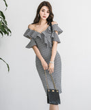 新作 チェック柄 フリル ノーショルダー セクシー ゴージャス 高見え パーティードレス ミニドレス LQE9091BM131