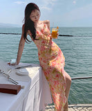 花柄 サンドレス フリル 旅行 スリット 海辺 セクシー XH2-QJ-A433
