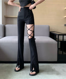 大人気 美脚 特別デザイン セクシー ワイドパンツ レディス パンツ ブラック MY2006